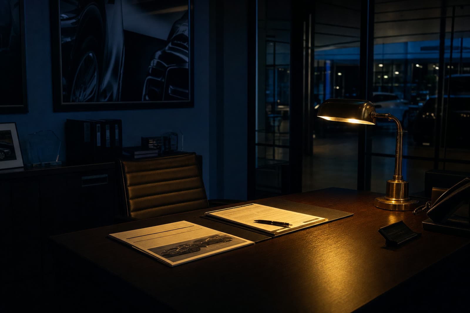 An empty F&I office at night, paperwork on the desk under a brass lamp